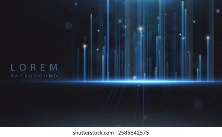 Bright luxurious background with vertical glow of blue glare of flickering lines. Realistic background with 2D effect. City night glow of bright rays.