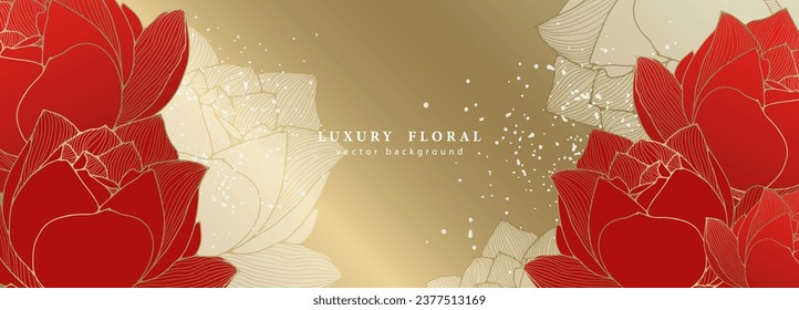 Luminoso fondo floral de lujo con flores de loto rojas y blancas. Fondo vector de oro festivo al estilo chino para tarjetas, invitaciones de vacaciones, fondos de pantalla, cubiertas.