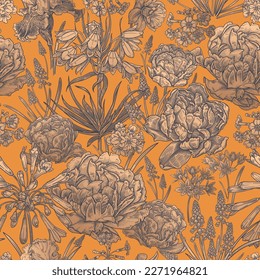 Bright luxury floral seamless pattern. Spring flowers tulips, daffodils, primroses, irises. Gold foil printing on yellow background. Template for textile, wallpaper, paper. Vintage. Vector 