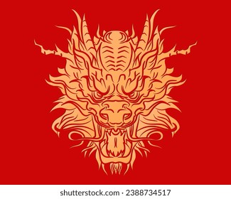 Bright luxury poster with traditional golden Chinese dragon head on red background. Mythology animal in Asian style. Solid ink gold dragon tattoo