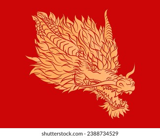 Bright luxury poster with traditional golden Chinese dragon head on red background. Mythology animal in Asian style. Solid ink gold dragon tattoo