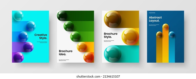 Bright magazine cover A4 vector design illustration bundle. Vivid 3D spheres annual report concept collection.