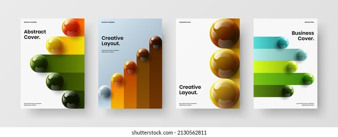 Bright magazine cover vector design concept bundle. Isolated realistic balls corporate brochure illustration set.