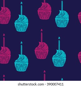 Bright magenta and azure color vector graphic illustration of cakes with lighted candle with flame traditional happy birthday symbol on blue seamless background