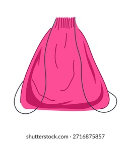 Bright magenta drawstring sack in flat vector style, perfect for packaging, storage or travel, soft fabric pouch for gifts, laundry, personal items on white background