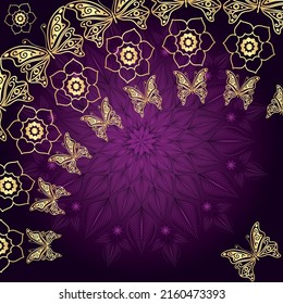 Bright magenta frame with gold patterns and butterflies and place for text. Vector