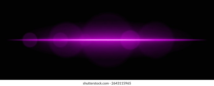 Bright magenta light beam with lens flare circles on dark background. Vivid horizontal glow ideal for futuristic UI, synthwave designs, or neon-inspired transitions.