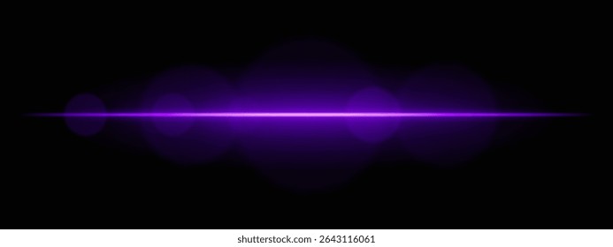 Bright magenta light beam with lens flare circles on dark background. Vivid horizontal glow ideal for futuristic UI, synthwave designs, or neon-inspired transitions.