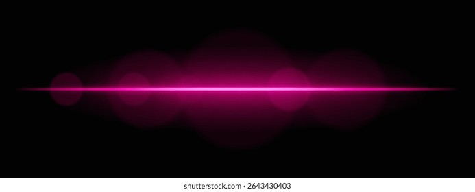 Bright magenta light beam with lens flare circles on dark background. Vivid horizontal glow ideal for futuristic UI, synthwave designs, or neon-inspired transitions.