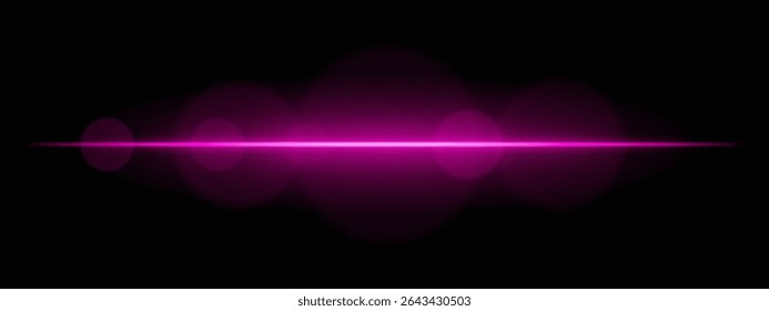 Bright magenta light beam with lens flare circles on dark background. Vivid horizontal glow ideal for futuristic UI, synthwave designs, or neon-inspired transitions.