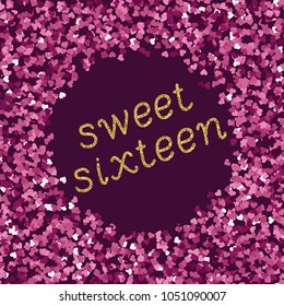 Bright magenta pink glitter texture whith glittering text sweet sixteen. Vector illustration