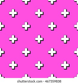 Bright magenta seamless pattern with white crosses. Eighty's style
