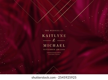 Bright magenta tropical leaves foliage vector background. Burgundy red wedding invitation frame. Art deco card with gold geometric ornament. Wine colored save the date. Elegant party template 