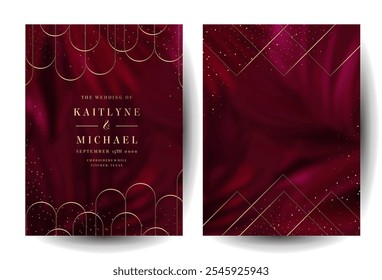 Bright magenta tropical leaves foliage vector backgrounds. Burgundy red wedding invitation frames. Art deco cards with gold geometric ornament. Wine colored save the date. Elegant party templates