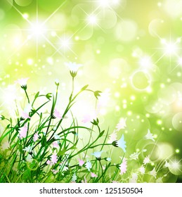 Bright Magic Flower Meadow With Lights and Stars