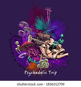 Bright Magic Psychedelic Mushrooms and fish skeleton. Humor card, T-shirt composition, hand drawn style print. Vector illustration.