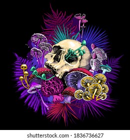 Bright Magic Psychedelic Mushrooms   skull  Humor card  T  shirt composition  hand drawn style print  Vector illustration 