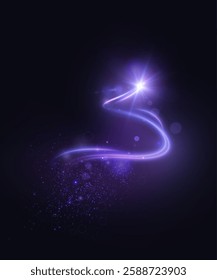 Bright magical comet light effect with lots of sparkling glitter and shimmering light effects. Magic purple swirl for web design and decoration. Vector
