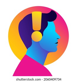 Bright man listening to music in headphones. Concept of podcast, audio chat, radio, meditation. Colored male silhouette, side view. Icon, logo, design, avatar. Contemporary vector illustration.