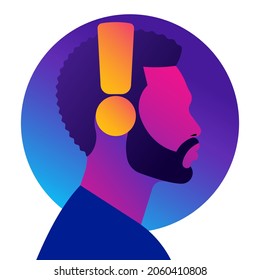 Un hombre brillante escuchando música con auriculares. Concepto de podcast, chat de audio, radio, meditación. Silueta masculina de colores, vista lateral. Icono, logotipo, diseño, avatar. Ilustración vectorial contemporánea.