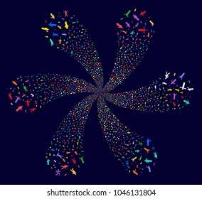 Bright Man Poses rotation motion on a dark background. Psychedelic flower with six petals designed from random man poses items.