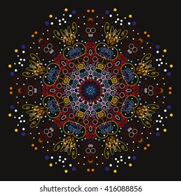 Bright mandala. Black background. Flowers in our hearts