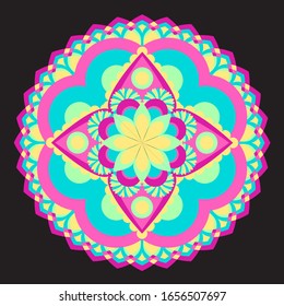 Bright mandala on a black background is a great accent for your beach bag.