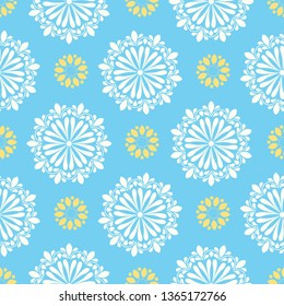 bright mandala pattern in blue white with yellow