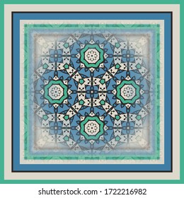 Bright mandala pattern  in green and blue for textiles, pillows, interior decoration. Frame.