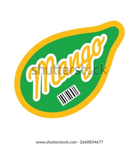 Bright mango fruit sticker with barcode, featuring bold green and yellow colors. Perfect for packaging, labels, grocery branding, organic products, tropical fruit designs, and eco-friendly themes.