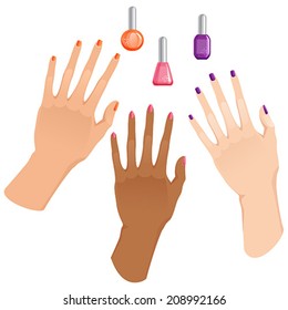 Bright Manicure on Female Hands, vector illustration