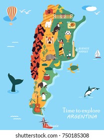 Bright map of Argentina with different landmarks, animals, symbols 