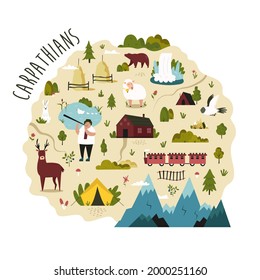 Bright map of Carpathians region with landscapes, symbols, animals. Vector design with tourist attractions. For travel guides, posters, leaflets.