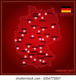 Bright map of Germany with cities. Vector Illustration in red colors.