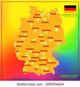 Bright map of Germany with cities. Vector Illustration with colorful background.