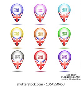 Bright map icon with flag of England. Location Icon vector. Vector illustration