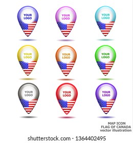 Bright map icons set with map of USA. Location Icon vector. Vector illustration