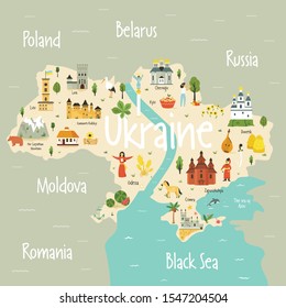 Bright map of Ukraine with landscape, symbols,food buildings, cities, characters. Vector design with tourist attractions. For travel guides, posters, leaflets.