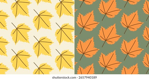 Bright maple leaf patterns in yellow and orange on soft beige and green background. Seamless fall design.