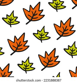 Bright maple leaves for seasonal autumn background. Childish woodland seamless pattern on white. Forest print for fall product design. Repeat texture for wallpaper, textile. Outline drawing by hand.