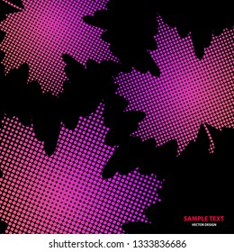 Bright maple leaves from small halftone circles on a black background. Template for banner and advertising, flyer, business card. Vector illustration for your design.