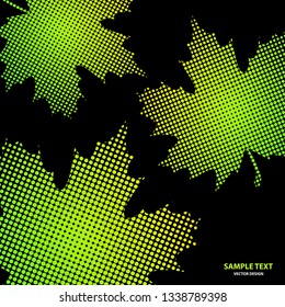Bright maple leaves from small halftone circles on a black background. Template for banner and advertising, flyer, business card. Vector illustration for your design.