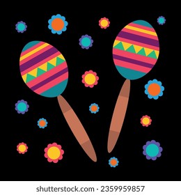 Bright maracas on a black background. Vector flat illustration. Decoration for the Mexican holiday Cinco de Mayo.