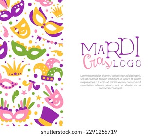 Bright Mardi Gras or Fat Tuesday Carnival Celebration with Mask and Feather Vector Card Template