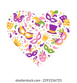 Bright Mardi Gras or Fat Tuesday Carnival Celebration with Mask and Feather Arranged in Heart Vector Template