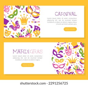 Bright Mardi Gras or Fat Tuesday Carnival Celebration with Mask and Feather Landing Page Vector Template