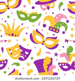 Bright Mardi Gras or Fat Tuesday Carnival Celebration with Mask and Feather Vector Seamless Pattern Template