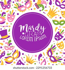 Bright Mardi Gras or Fat Tuesday Carnival Celebration with Mask and Feather Vector Card Template