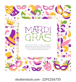 Bright Mardi Gras or Fat Tuesday Carnival Celebration with Mask and Feather Vector Card Template