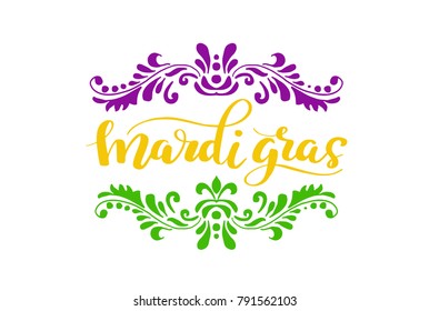 Bright Mardi Gras Lettering Banner with Swirl Elements and florishes designs.